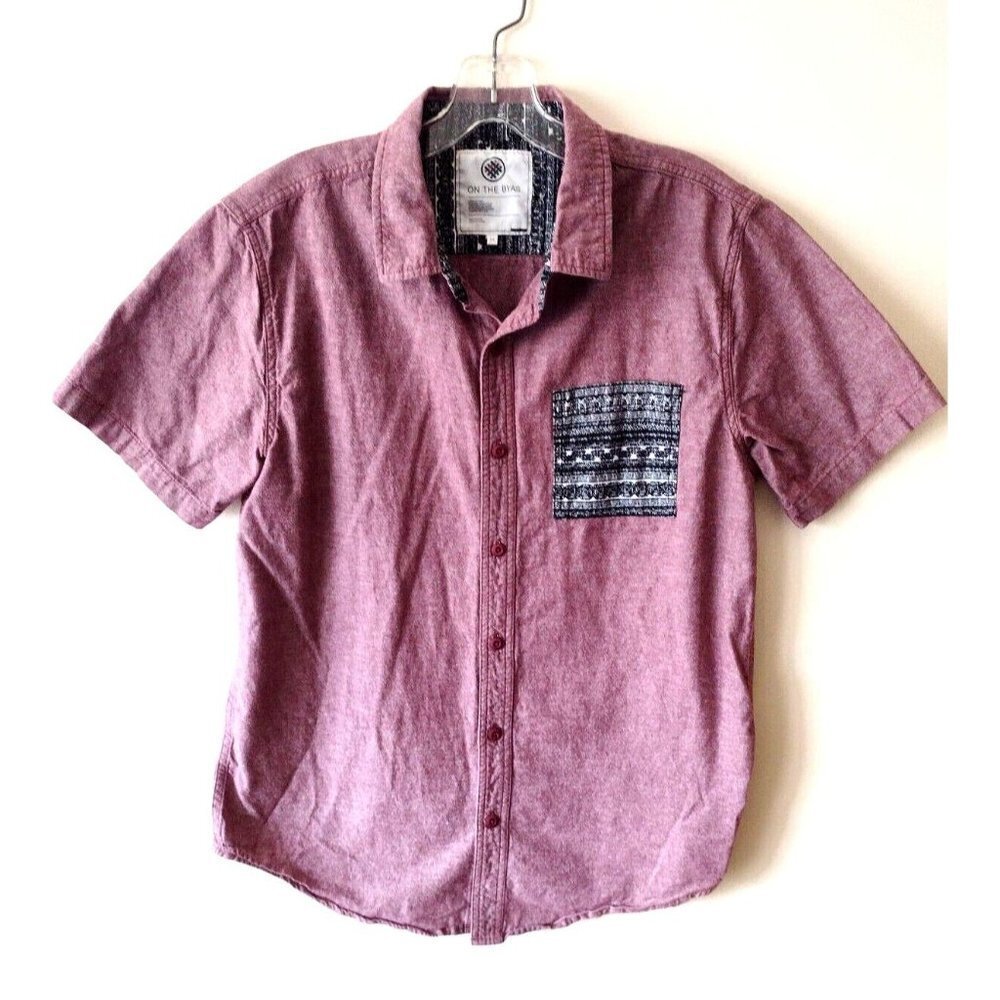 On the Byas Mens Button Up Shirt Red Short Sleeve Cotton‎ Pocket Medium